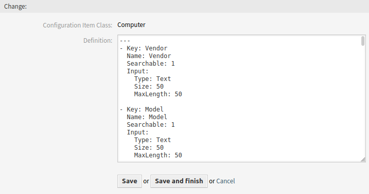 Edit Configuration Item Class Definition Screen