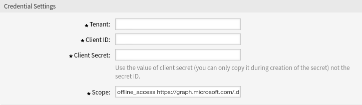 Microsoft Graph App Credential Settings Screen