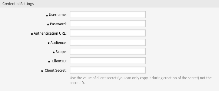 Resource Owner Password Flow Credential Settings Screen