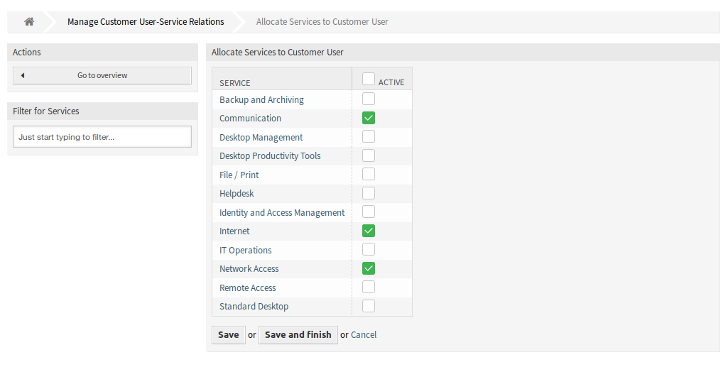 Szolgáltatások kiosztása az ügyfél-felhasználóhoz képernyő
