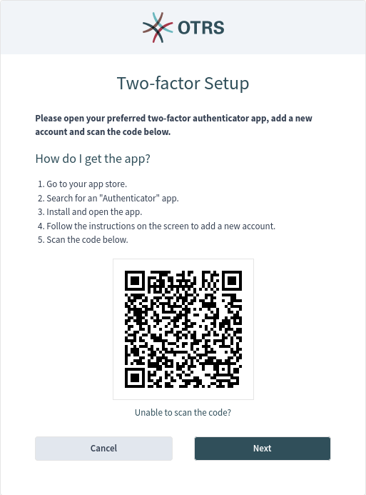 Zwei-Faktor-Setup für Authentifizierer-App