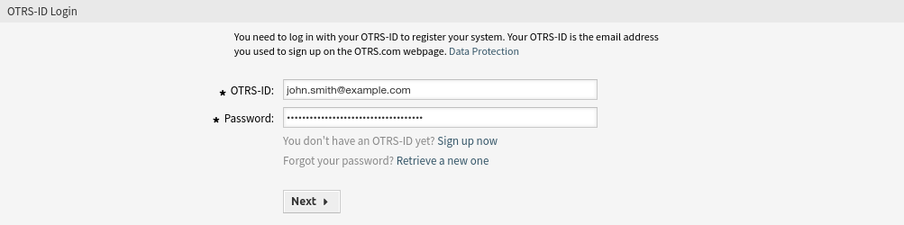 Systemregistrierung - OTRS-ID hinzufügen