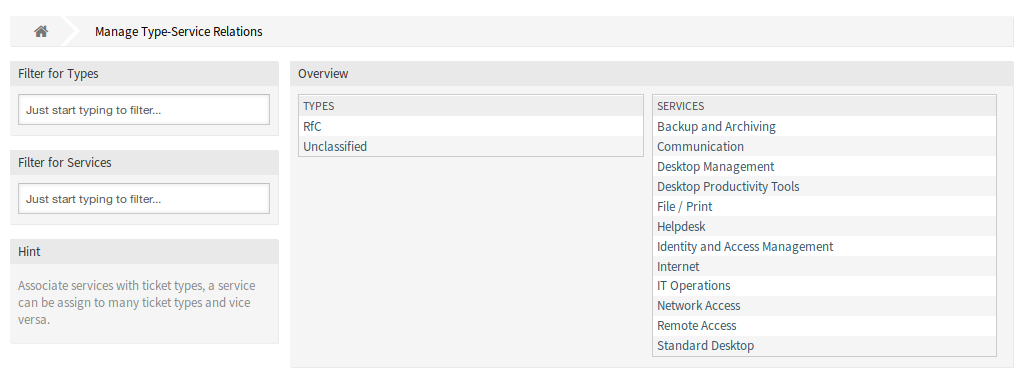 Manage Type-Service Relations Screen