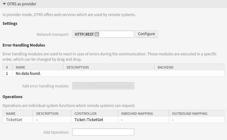 Webszolgáltatás beállításai – OTRS mint szolgáltató